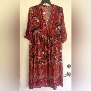 Jodifl V-neck Floral Midi Dress 3/4 Sleeve Side Skirs Bohemian Size Large